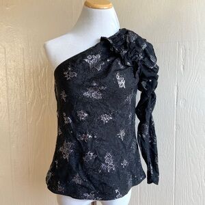 Rebecca Taylor One Shoulder Glitter Silk Top In Black/ Silver